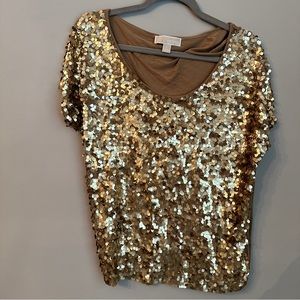 Michael Kors Gold Sequin Short Sleeve Slub Top L